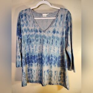 Prairie Cotton Womens Top Blue Tie Dye 3/4 Sleeve V-Neck Lagenlook Tee